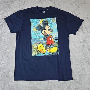 Disney Mickey Mouse Shirt Mens Small Blue Van Gogh Starry Night‎ Sketch Design